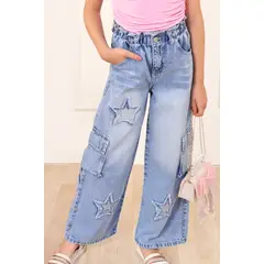 KIDS MASHMELO - Pantalón Jean con Bordado de Estrellas y Pedrería para niñas