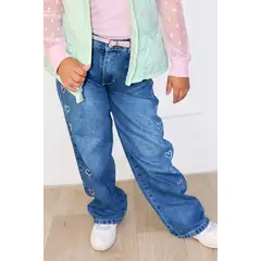 KIDS MASHMELO - Pantalón Jean Palazo con Bordados de Corazones para niñas
