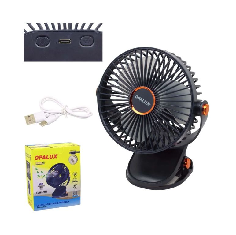 Ventilador Clip-On Recargable Con Luz Led OP-CF60-AZ