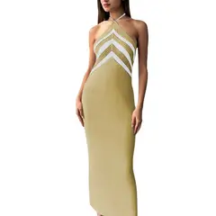GENERICO - Vestido maxi cuello halter hilo princesa 359G-28 color amarillo