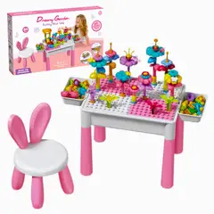 GENERICO - Mesa Didáctica de Bloques Tipo Lego con Silla Rosada 89 Pcs