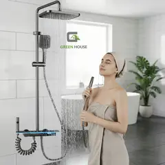 GREEN HOUSE - COLUMNA DE DUCHA GRIS 4 FUNCIONES CON DETALLE AZUL