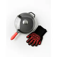 MR GRILL - Sartén de Hierro Fundido de 30 cm con Tapa de Vidrio y Protector de Silicona + Guantes Protectores de Fuego