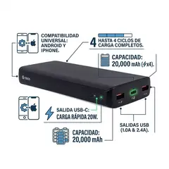 Teros - Cargador Portatilo Power Bank TE-7057N 20000mAh 20W USB-A + USB-C LED Negro