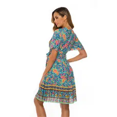 DENISASAA - Vestido Bohemio Beach Resort Style Falda estampada en V profundo