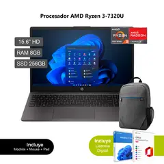 HP - Laptop 255 G10 AMD Ryzen 3 7320U RAM 8GB SSD 256GB 15.6" HD Win 11 BF9X1AT + Mochila + WO