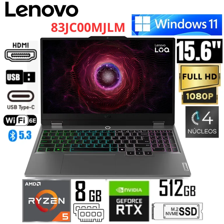 Laptop Gaming LOQ 15ARP9 AMD Ryzen 5 7235HS 8GB RAM 512GB RTX 3050 15.6" FHD 83JC00MJLM