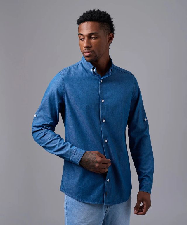 Camisa 100% Algodón Classic Fit Celeste Oscuro