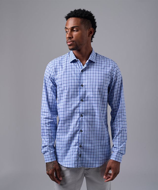 Camisa 100% Algodón Slim Fit Azul Cuadros