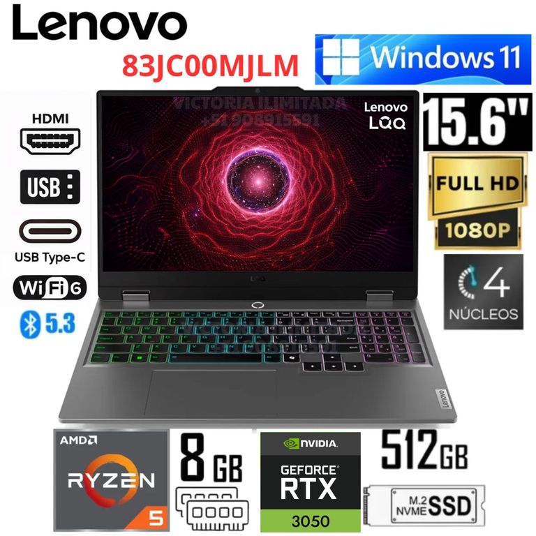 Laptop Gamer LOQ 15ARP9 15.6 FHD RYZEN 5-7235HS 8GB DDR5 512GB SSD RTX3050