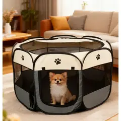 GENERICO - CORRAL PLEGABLE PARA MASCOTAS TALLA L 114x114x60 cm - GRIS CON BEIGE