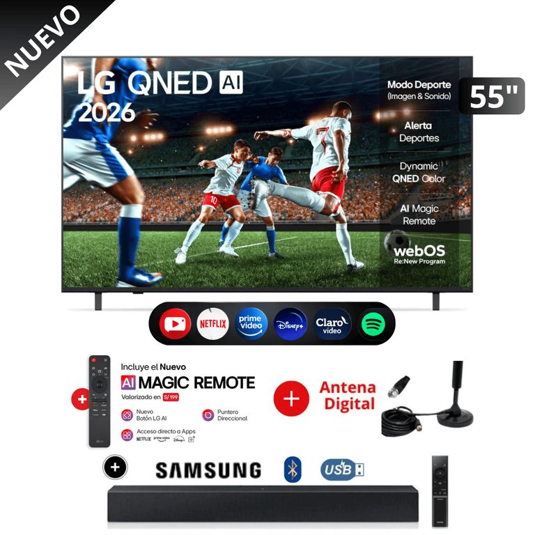 Televisor 55 QNED 4K UHD Smart TV 55QNED73ASA con ThinQ AI + soundbar y antena digital