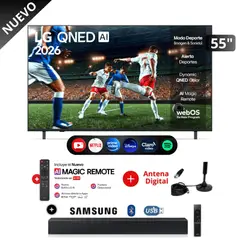 LG - Televisor 55 QNED 4K UHD Smart TV 55QNED73ASA con ThinQ AI + soundbar y antena digital