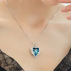 GENERICO - Collar Corazón Azul Brillante con Incrustaciones Elegante Dije Romántico para Mujer