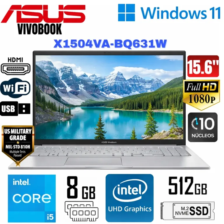 Laptop VivoBook 15 X1504VA-BQ631W Intel Core 5 120U 8GB RAM 512GB SSD 15.6" FHD Windows 11 Gris