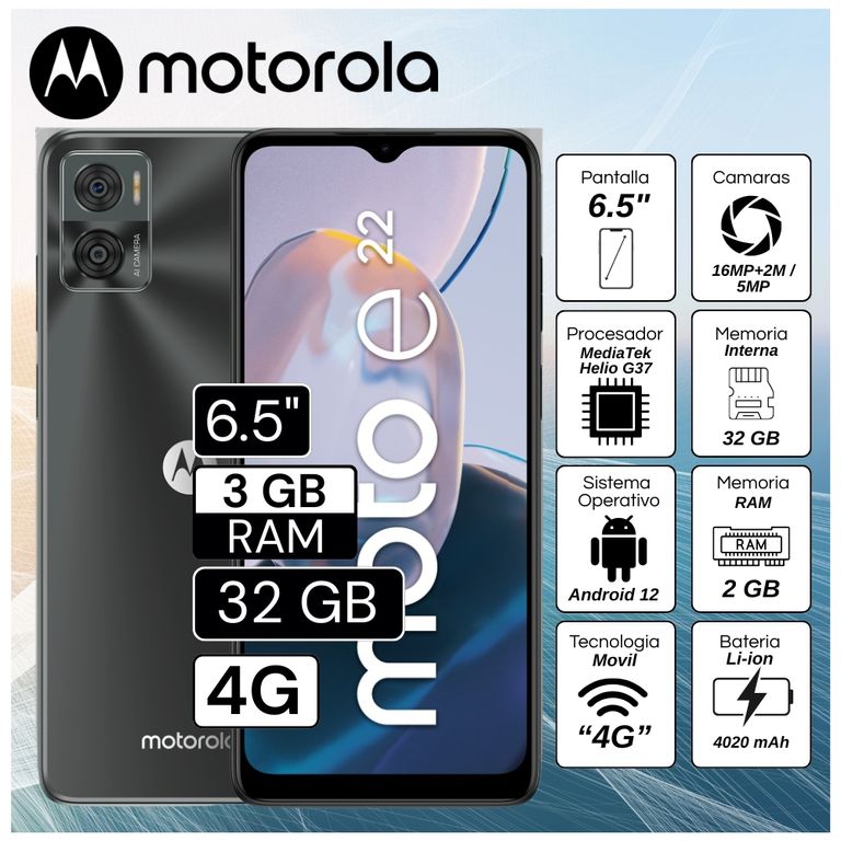 Celular E22 6.5" Pulg. 3GB RAM 32GB Android 12 - Negro