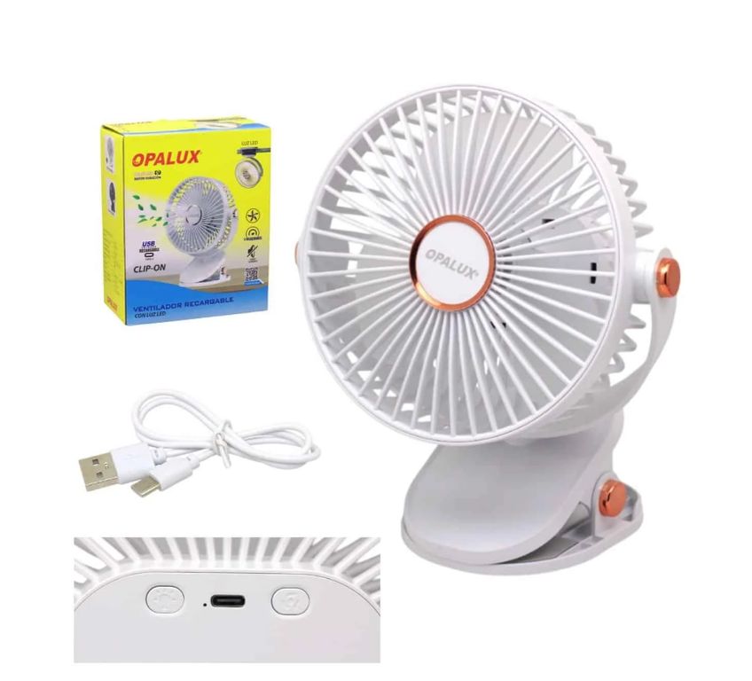 Ventilador Clip-On Recargable Con Luz Led OP-CF60-BL