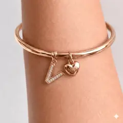 GENERICO - Pulsera Letra V + Corazon bañado en oro rosa 18 kilates