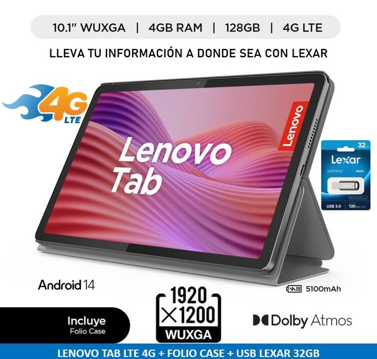 TABLET TB311XU 10.1 4G LTE 4GB 128GB FOLIO CASE - LUNA GRIS + USB LEXAR 32GB