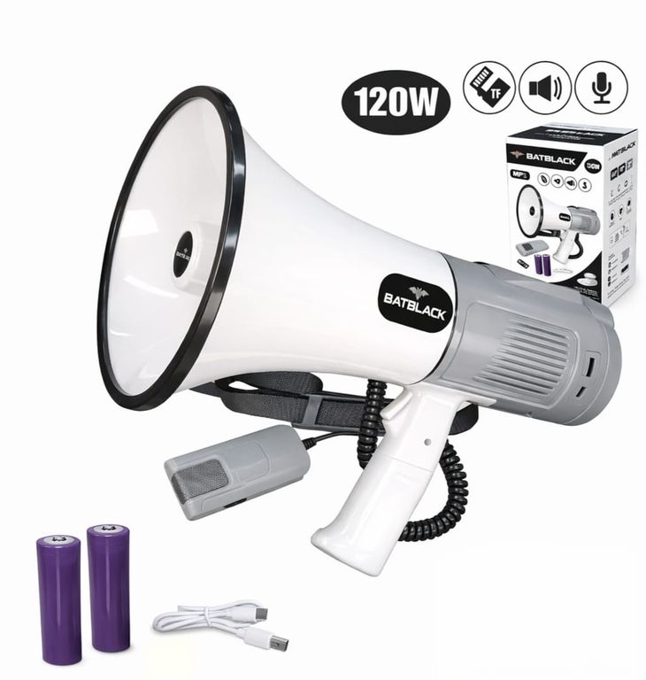 Megáfono Recargable 120W con Bluetooth, MP3, Sirena y Micrófono Desmontable