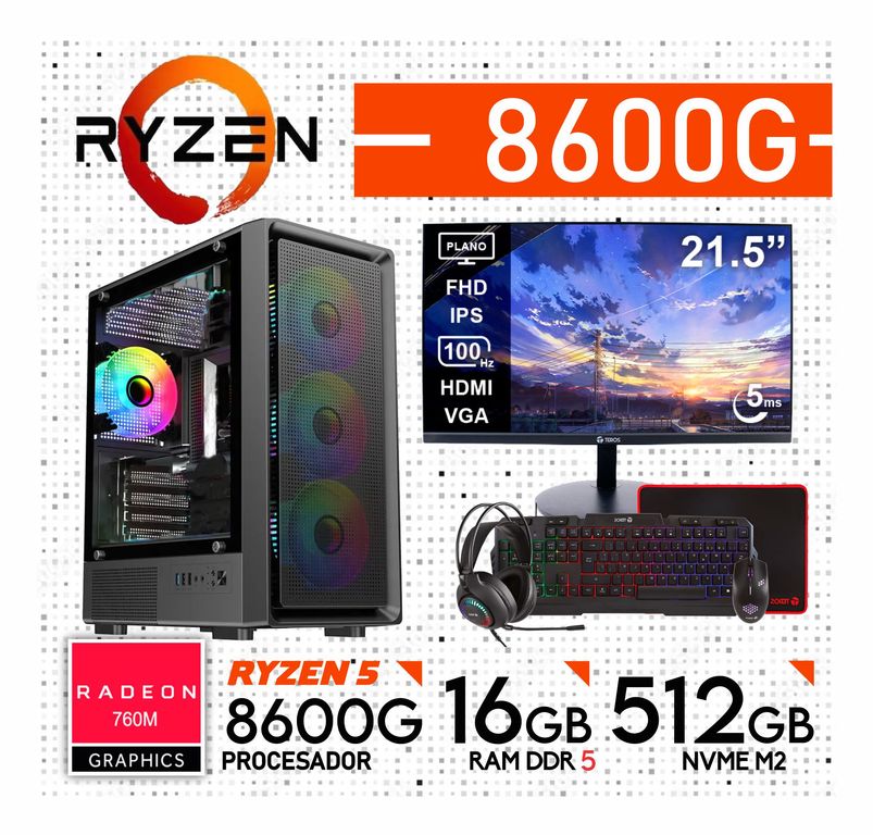 Computadora PC GAMER RYZEN 5 8600G RAM 16GB SSD 512GB MONITOR 22" FULL HD + KIT