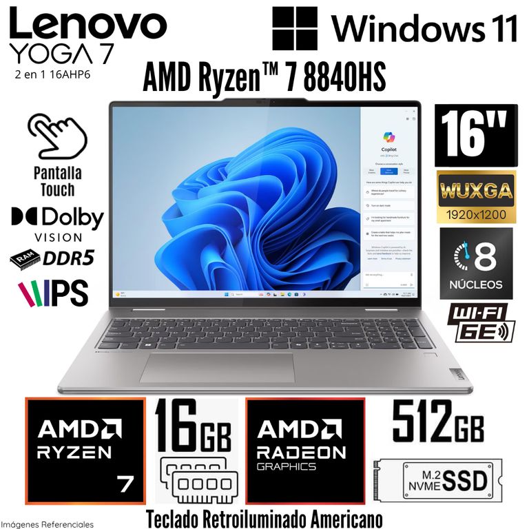 Laptop Yoga 7 2 en 1 16AHP6 AMD Ryzen 7 8840HS 16GB RAM 512GB SSD 16" WUXGA Táctil