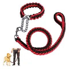 GENERICO - Collar y Correa Trezada para Perros Grandes - Rojo y Negro