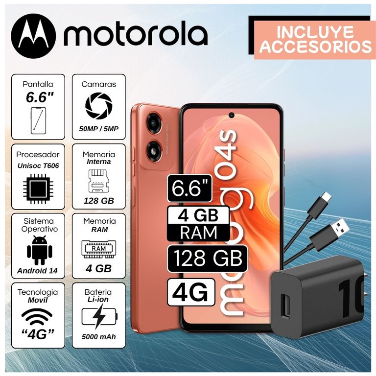 Celular G04s 6.6" Pulg. 4GB RAM 128GB Android 14 - Naranja Amanecer