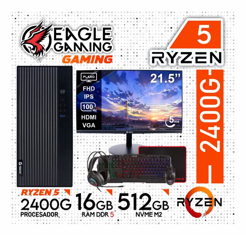 Computadora PC GAMER RYZEN 5 2400G RAM 16GB SSD 512GB Monitor 22" + KIT