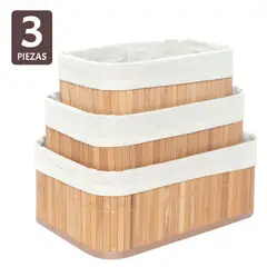 GENERICO - Set 3 Cestos Organizadores Rectangular Estilo Bambú con Tela
