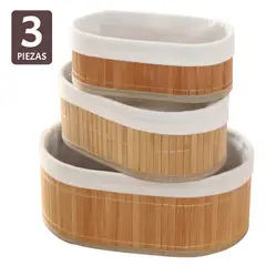 GENERICO - Set 3 Cestos Organizadores Ovalados Estilo Bambú con Tela