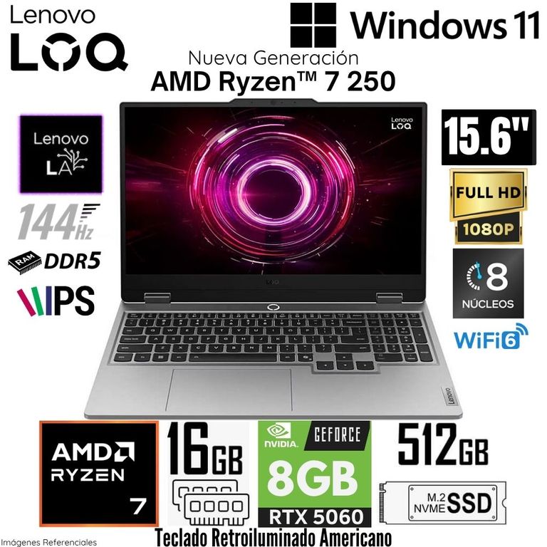 Laptop LOQ 15AHP10 AMD Ryzen 7 250 16GB RAM 512GB SSD RTX 5060-8GB 15.6" FHD 144 Hz