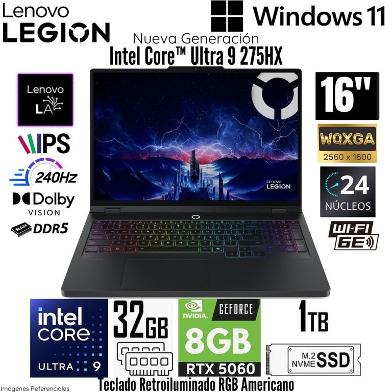 Laptop Legion 5 16IAX10 Intel Core Ultra 9 275HX 32GB RAM 1TB SSD RTX 5060-8GB 16" WQXGA