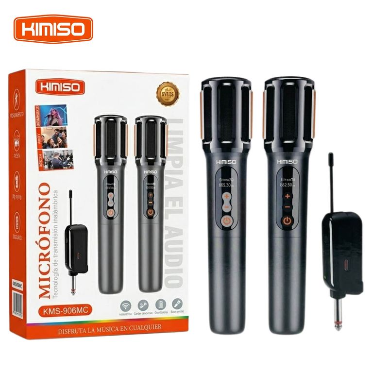Microfono Inalambrico Recargable KIMISO Dual UHF para Karaoke, Parlantes, Mezcladores