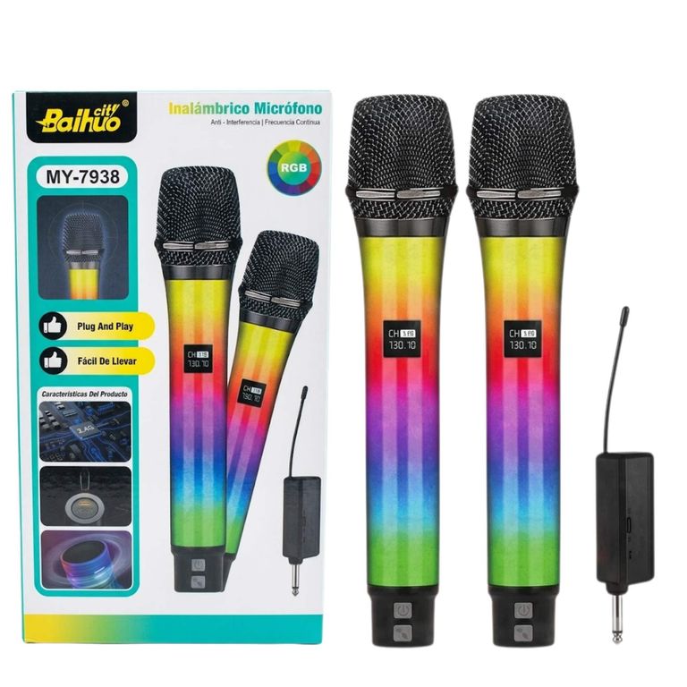 Microfono Inalambrico RGB Dual UHF Recargable para Karaoke, Parlantes y Mezcladores