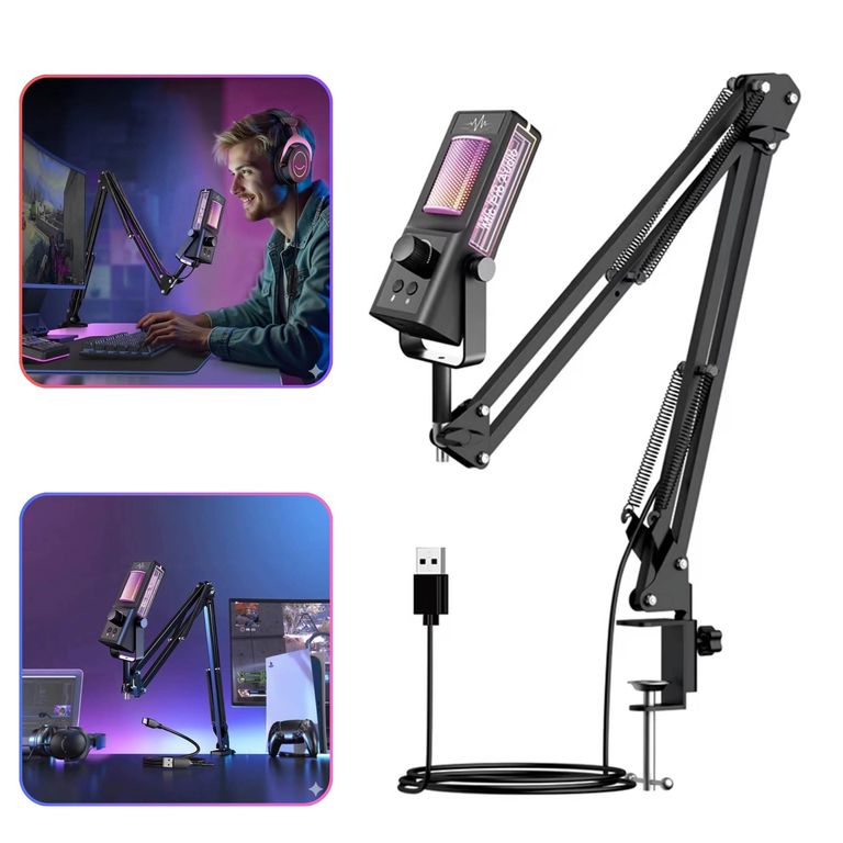 Microfono de Condensador USB RGB Gaming, Podcasting, Streaming y YouTube con Brazo Articulado