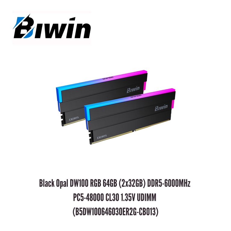 MEMORIA RAM BIWIN BLACK OPAL DW100 RGB 64GB 2X32GB DDR5-6000MHZ PC5-48000 CL30 1.35V UDIMM