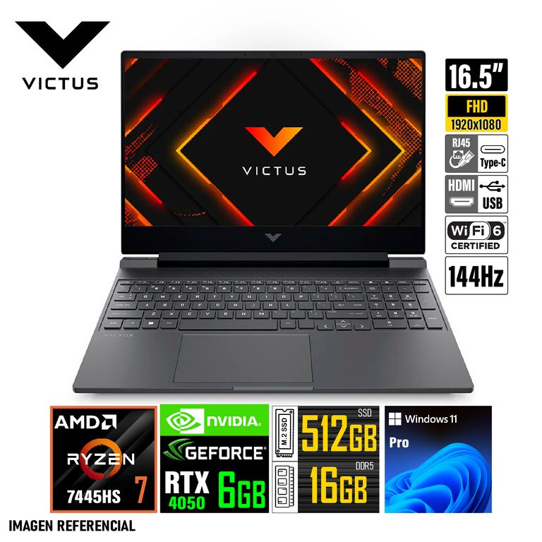 Laptop Gaming Victus 15-FB3022LA 15.6" FHD 144Hz, AMD Ryzen 7,16GB DDR5, 512GB SSD, RTX 4050 6GB