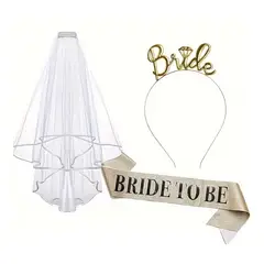 GENERICO - Set x 3 accesorios dorado vincha, banda escarcha y velo largo novia bride to be despedida de soltera