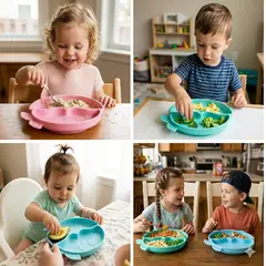 GENERICO - PLATO DE SILICONA CON DIVISIONES COLOR ROSADO + BABERO REGALO