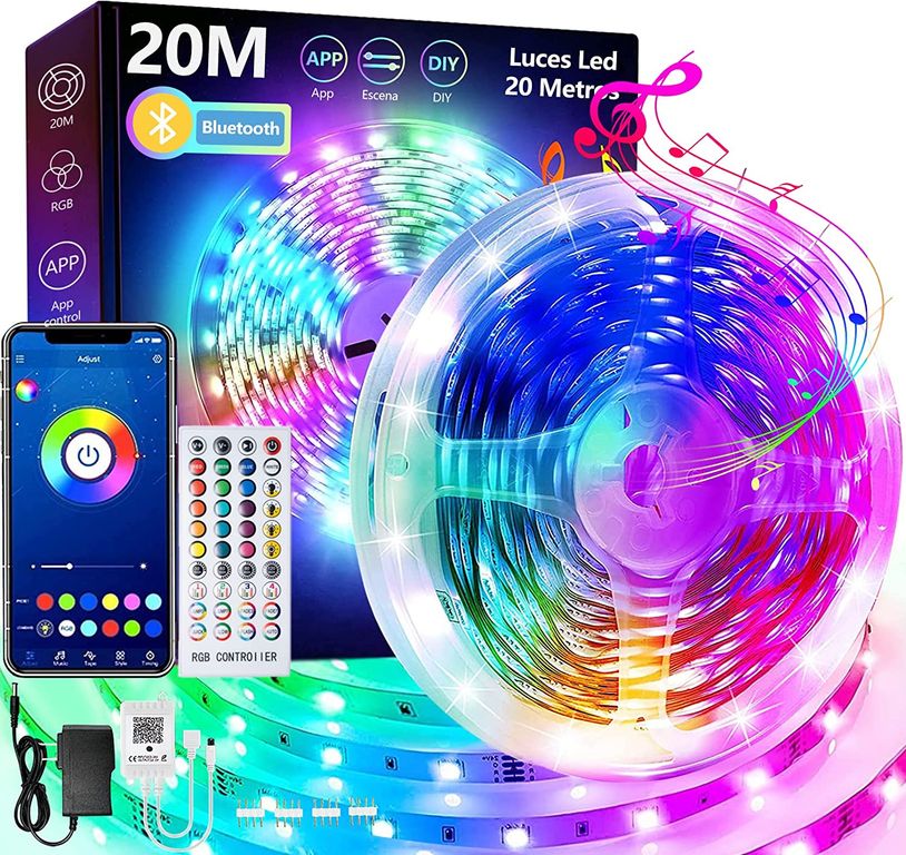 Tira LED 20 Metros, Salandens Luces LED 5050 RGB 24V De Música, Bluetooth y Control Remoto