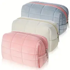 GENERICO - PACK 3 NECESER DE MAQUILLAJE ACOLCHADO COLOR AZUL CLARO, BLANCO Y ROSADO - ESTUCHE PORTACOSMETICOS USO MULTIFUNCIONAL