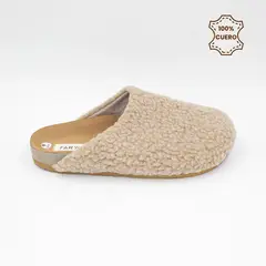 FAR WEST - Pantufla Zueco Mujer y Hombre Wooly Color Beige de Cuero