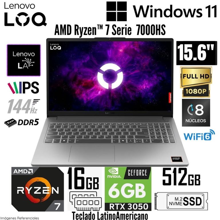 Laptop LOQ Essential 15ARP10E AMD Ryzen 7 7735HS 16GB RAM 512GB SSD RTX 3050-6GB 15.6" FHD