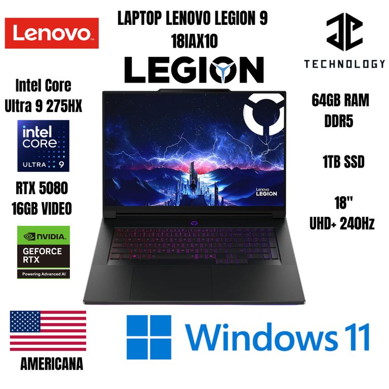 LAPTOP LEGION 9 18IAX10 / ULTRA 9 275HX / RTX 5080 16GB VIDEO / 64GB DDR5 / 1TB SSD