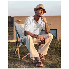 42AROZINA - Camiseta informal holgada con cuello en V de algodón y lino para hombre