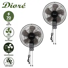 DIORE - Pack 02 Ventilador de pared Dioré MWF 1805 3 velocidades 5 aspas 70 W Negro/Gris