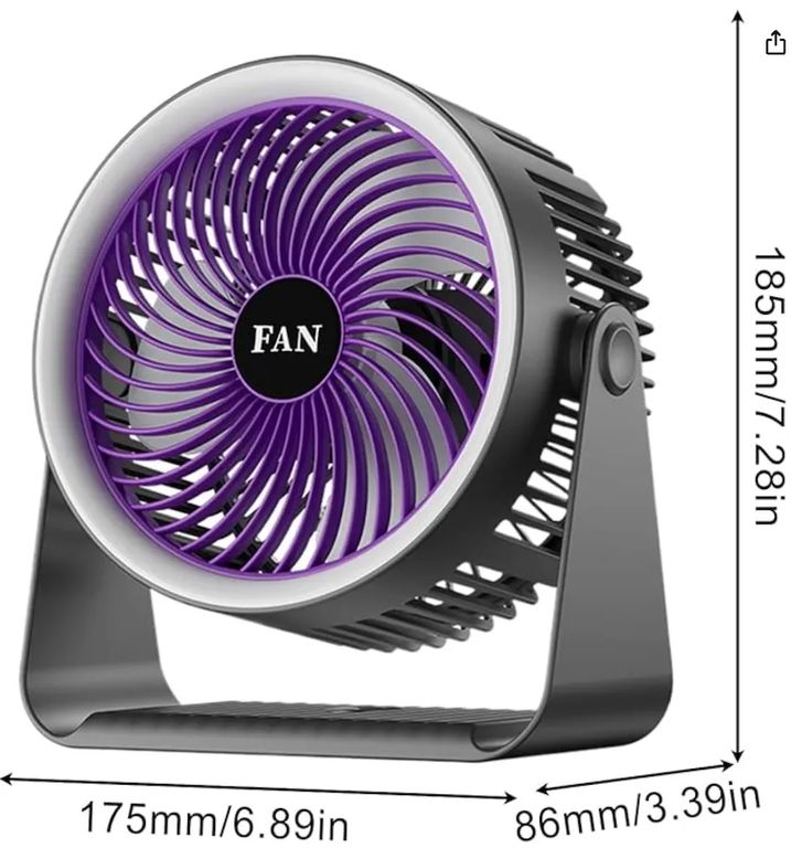 VENTILADOR PORTATIL 15CM DIAMETRO CON LUZ LED PARA ESCRITORIO, CARGADOR USB