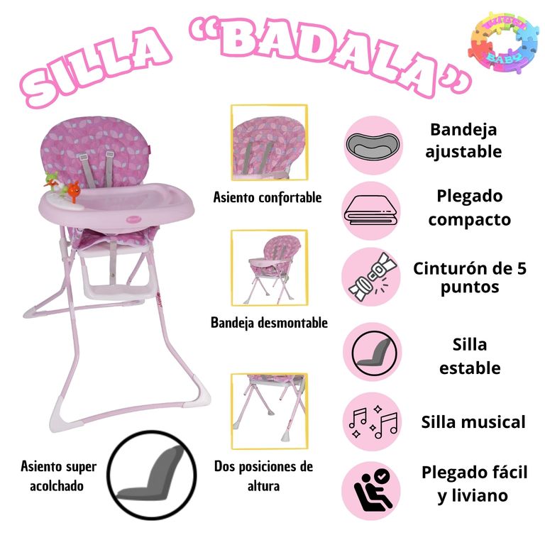 SILLA DE COMER GRADUABLE "BADALA" PARA BEBE - ROSADO
