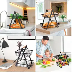 GENERICO - Canasta Frutera de 2 Niveles con Mango de Madera - Organizador Elegante para Cocina